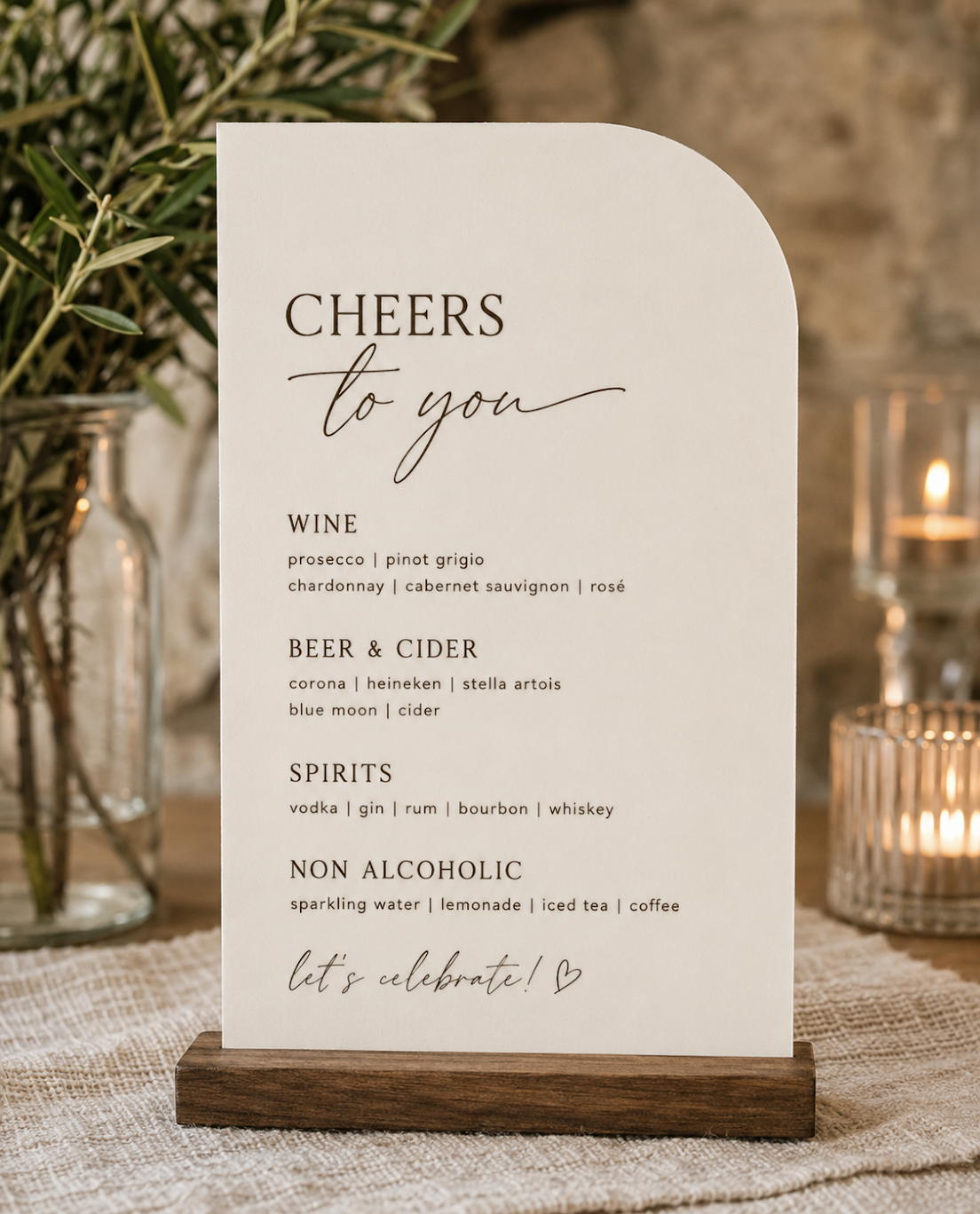Personalised acrylic bar menu sign with an arched design for a wedding or event