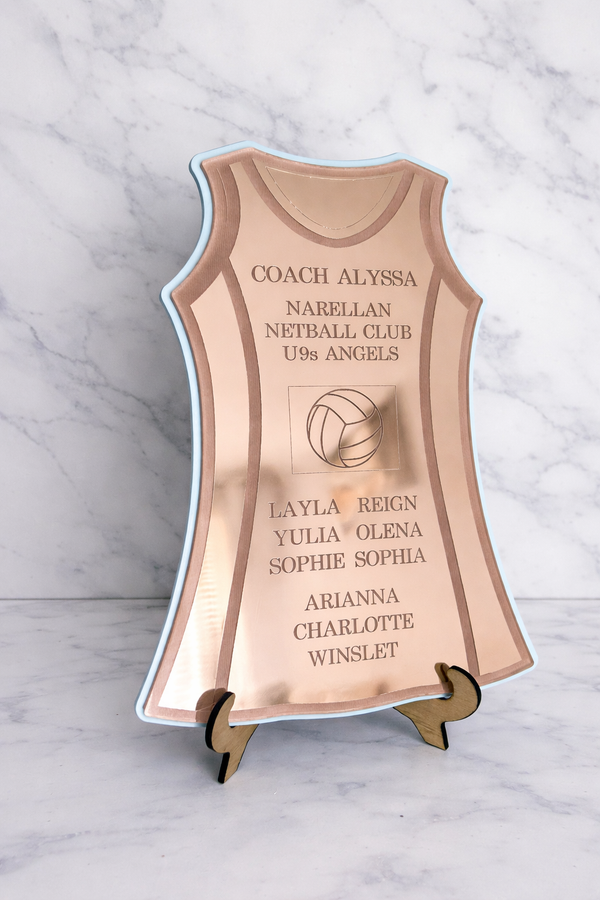 Personalised netball dress coach gift in mirrored acrylic, engraved with club name and year, handmade in Sydney