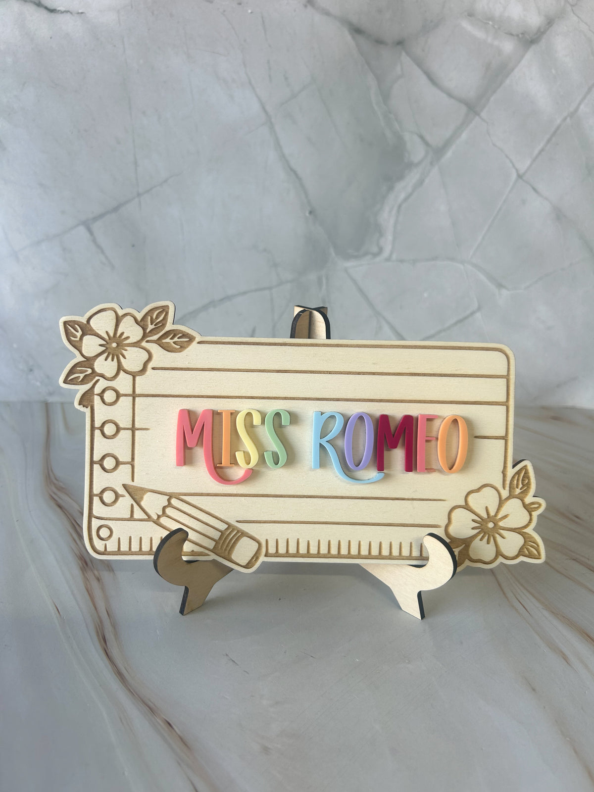 Personalised teacher desk name sign in wood with layered acrylic lettering and a stand