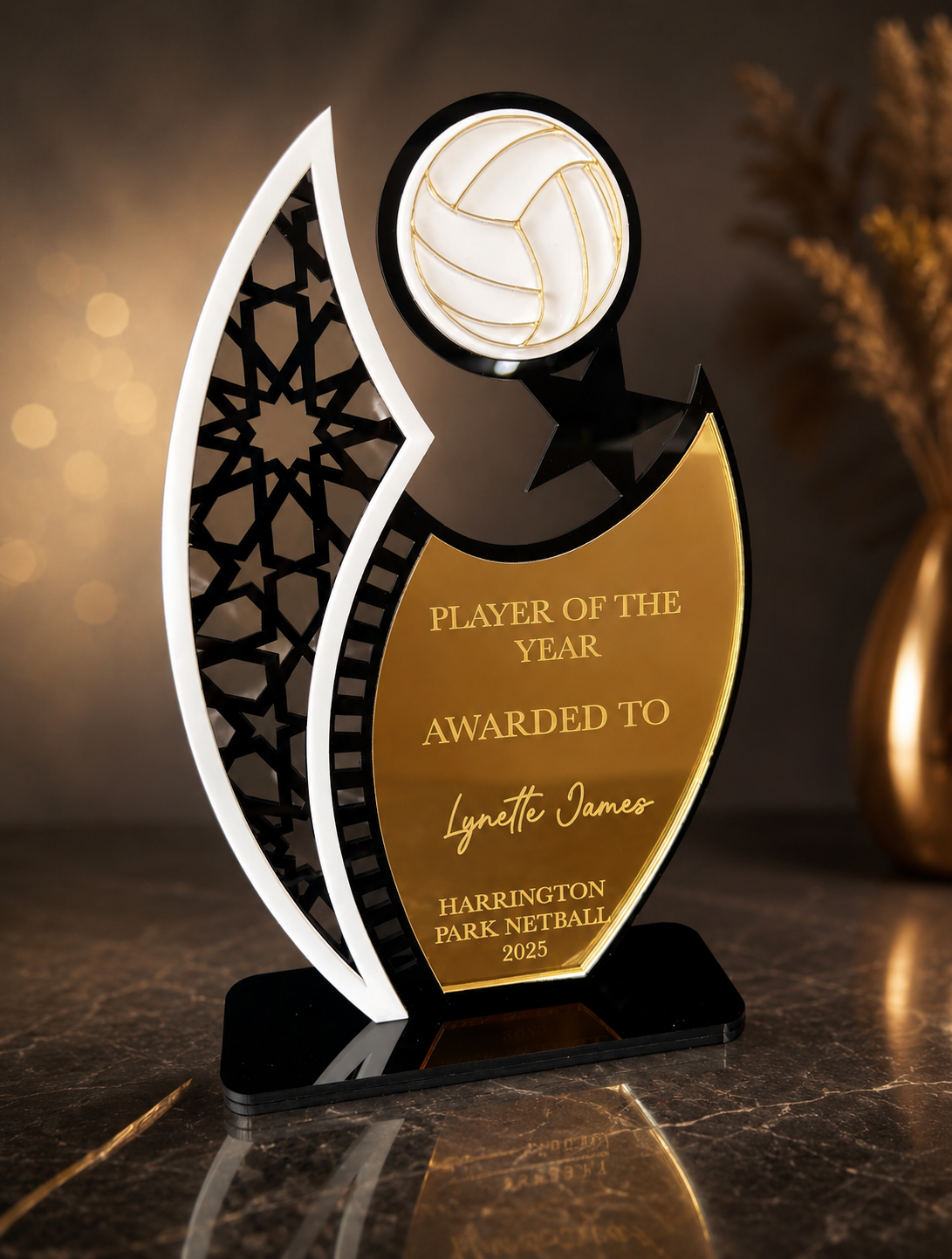 Personalised player of the year award in mirrored acrylic, freestanding