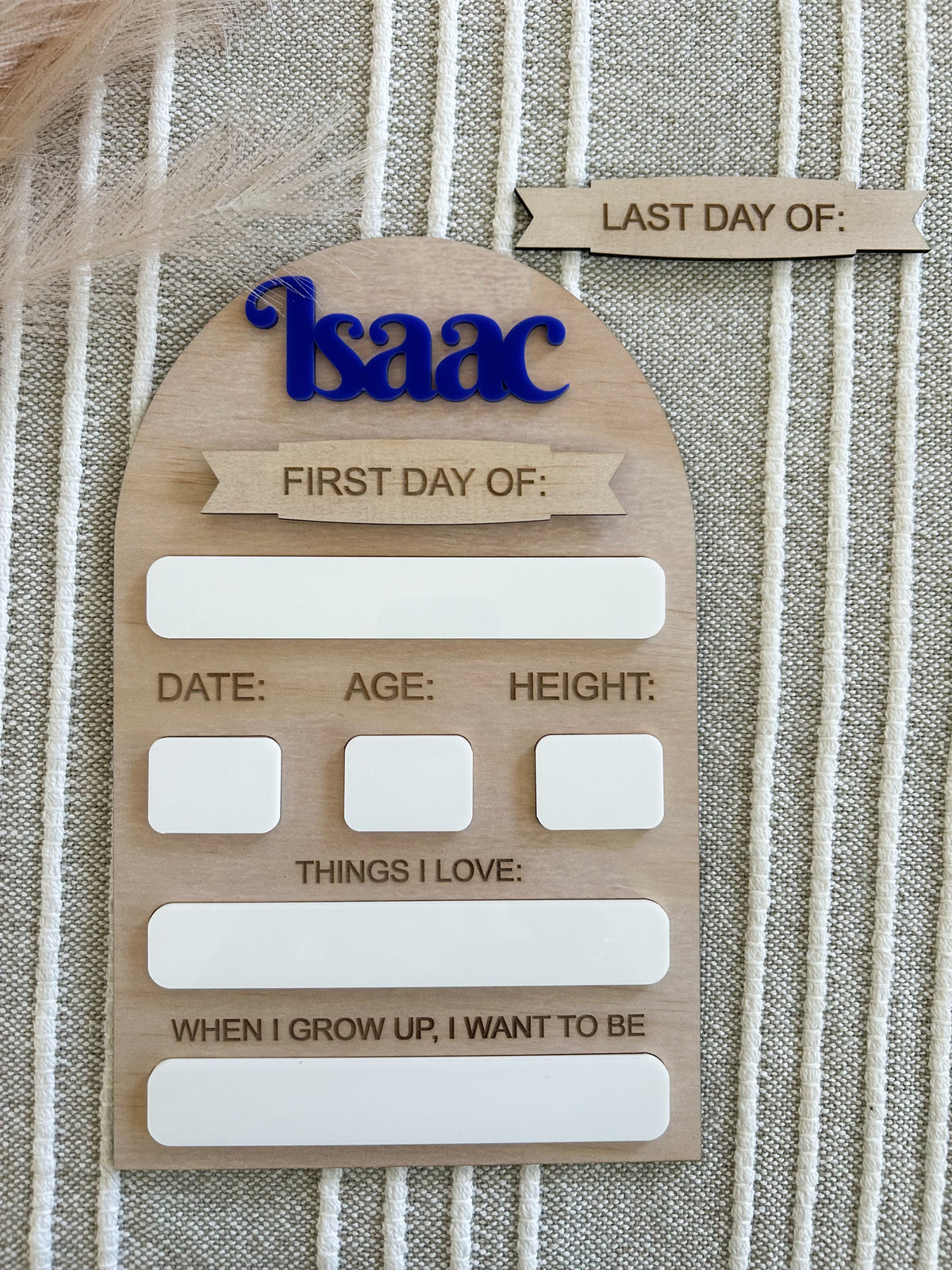 Personalised first day of school board in plywood and acrylic with a wipe-clean whiteboard panel