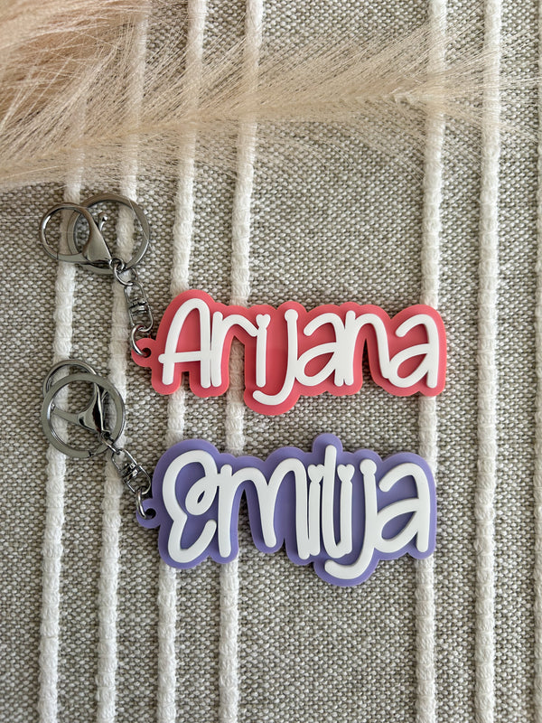 Personalised double layered acrylic name keychain in two colours, handmade in Sydney