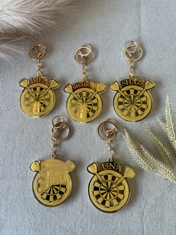 Personalised darts keyring in double layered mirrored acrylic, engraved with the player's name