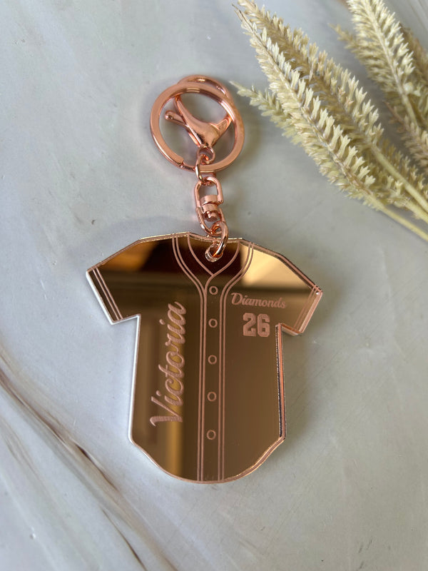 Personalised softball jersey keyring in mirrored acrylic with name, number and club