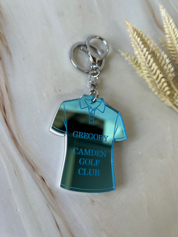 Personalised golf polo keyring in double layered mirrored acrylic with name and club