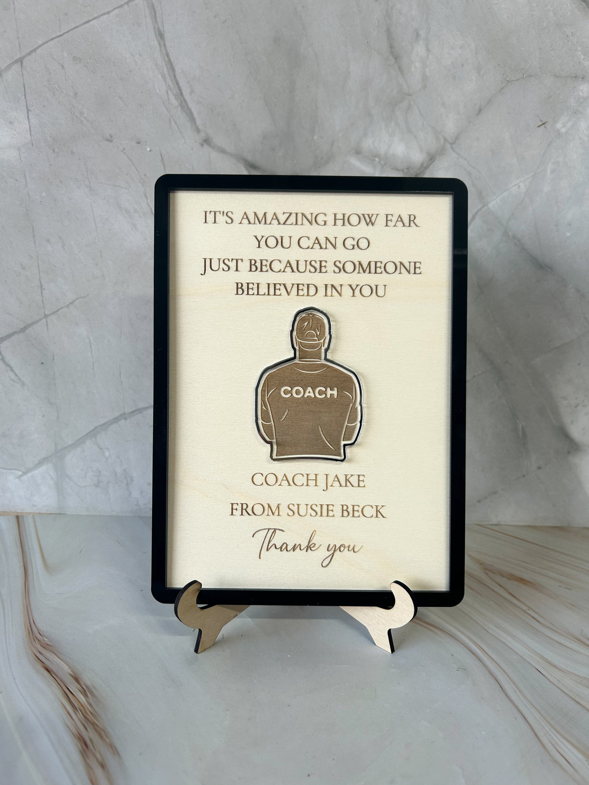 Individual coach appreciation frame in engraved wood with acrylic accents, personalised with coach name and team colours