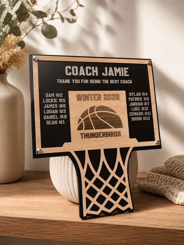 Personalised basketball hoop coach plaque in layered acrylic and natural timber, engraved with coach name, team and season