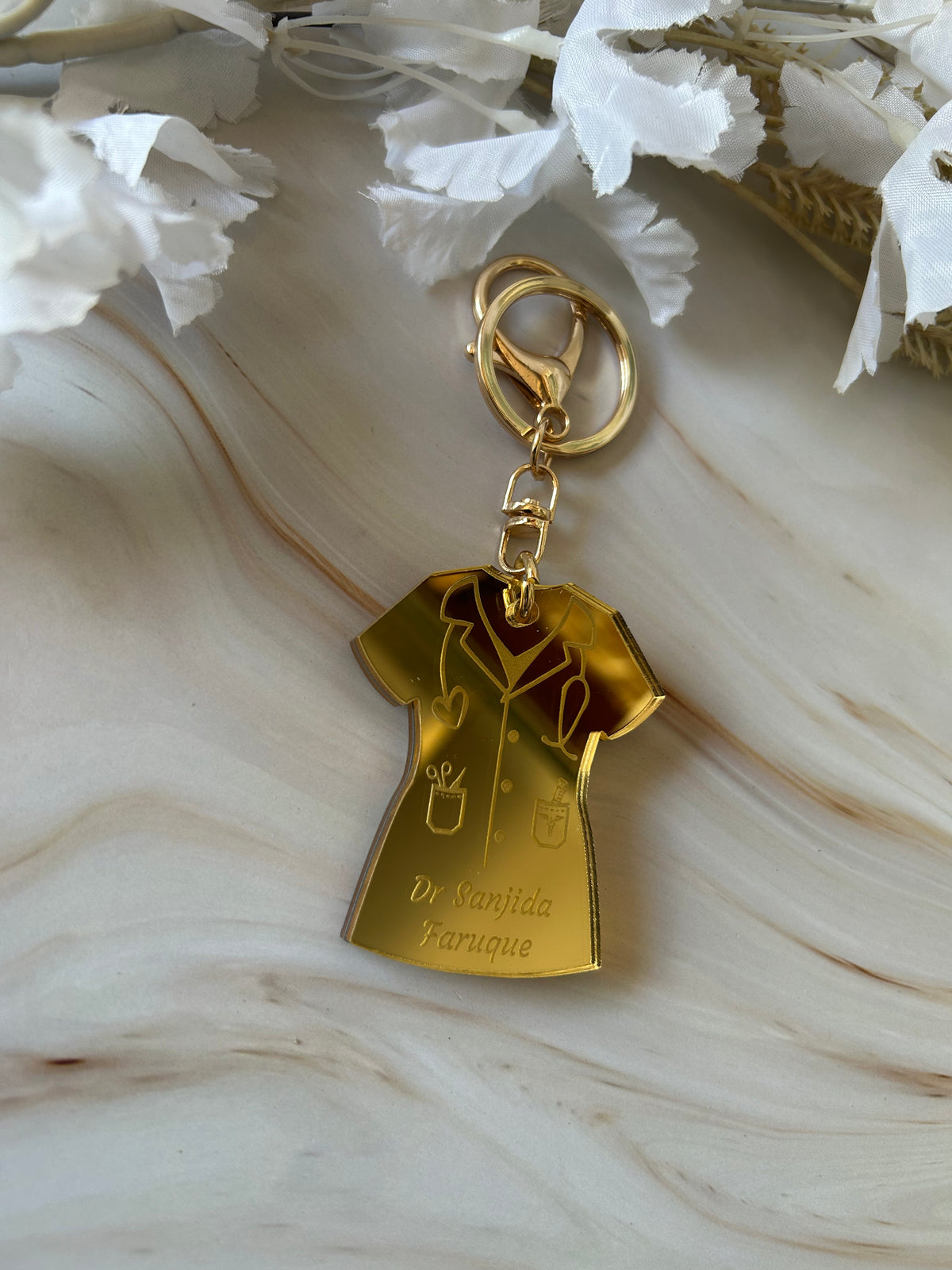 Personalised doctor keyring in double layered mirrored acrylic, engraved with their name