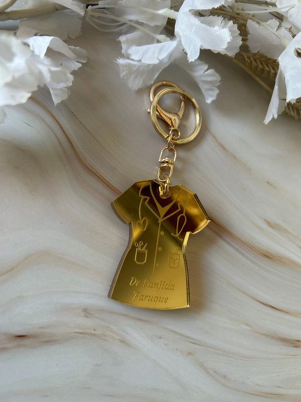 Personalised doctor keyring in double layered mirrored acrylic, engraved with their name