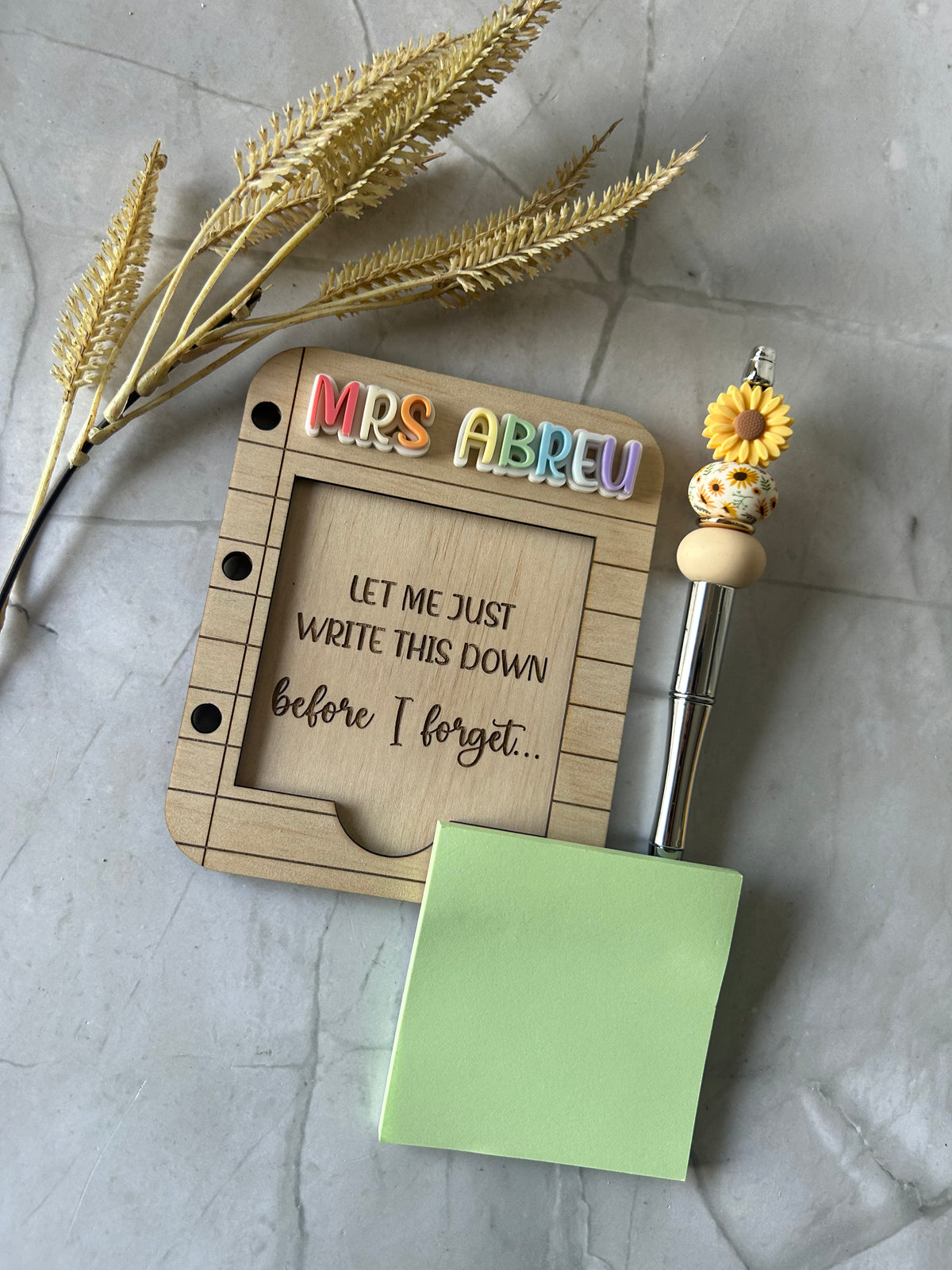 Personalised wooden sticky note holder with engraved acrylic name plate, handmade in Sydney