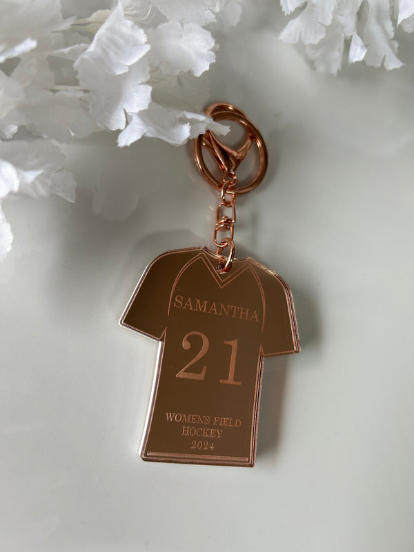 Personalised field hockey jersey keyring in mirrored acrylic with name, position and club