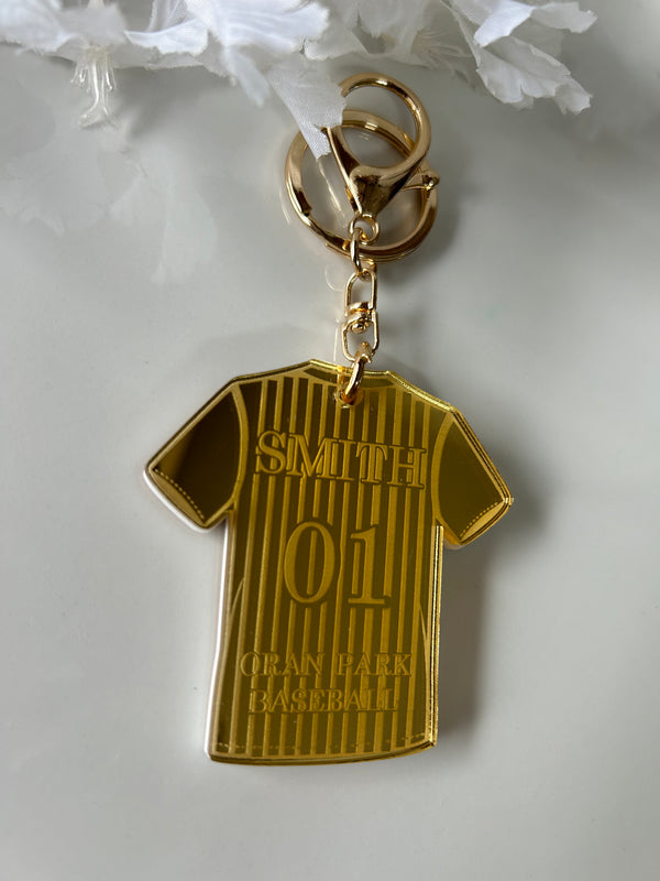Personalised baseball jersey keyring in double layered mirrored acrylic with name and club