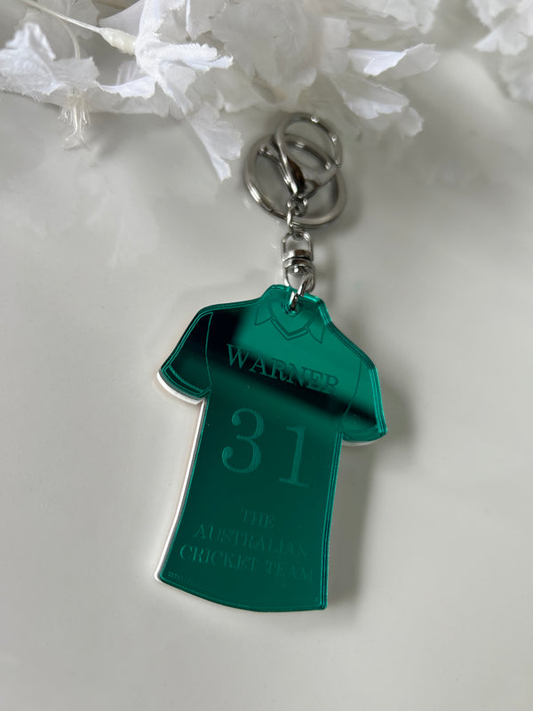 Personalised cricket jersey keychain in acrylic with name, number and club