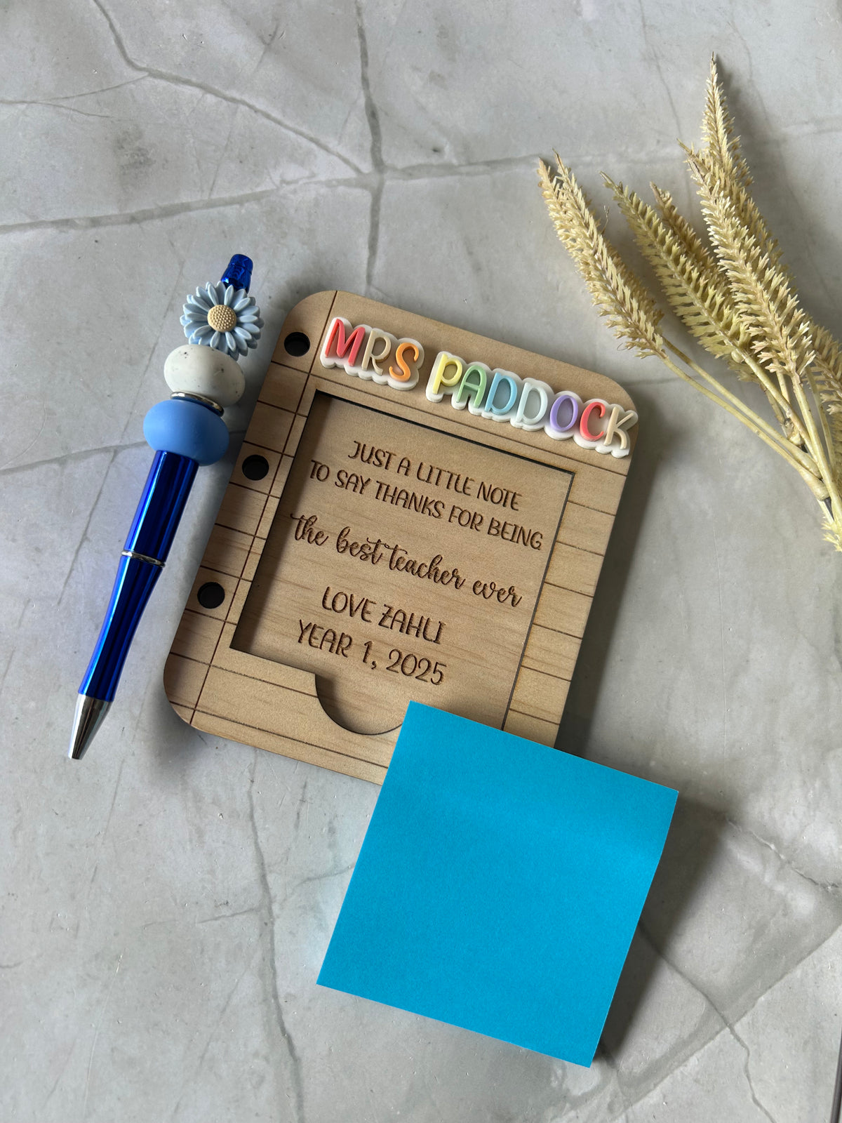 Personalised wooden sticky note holder with custom engraved acrylic name plate, handmade in Sydney