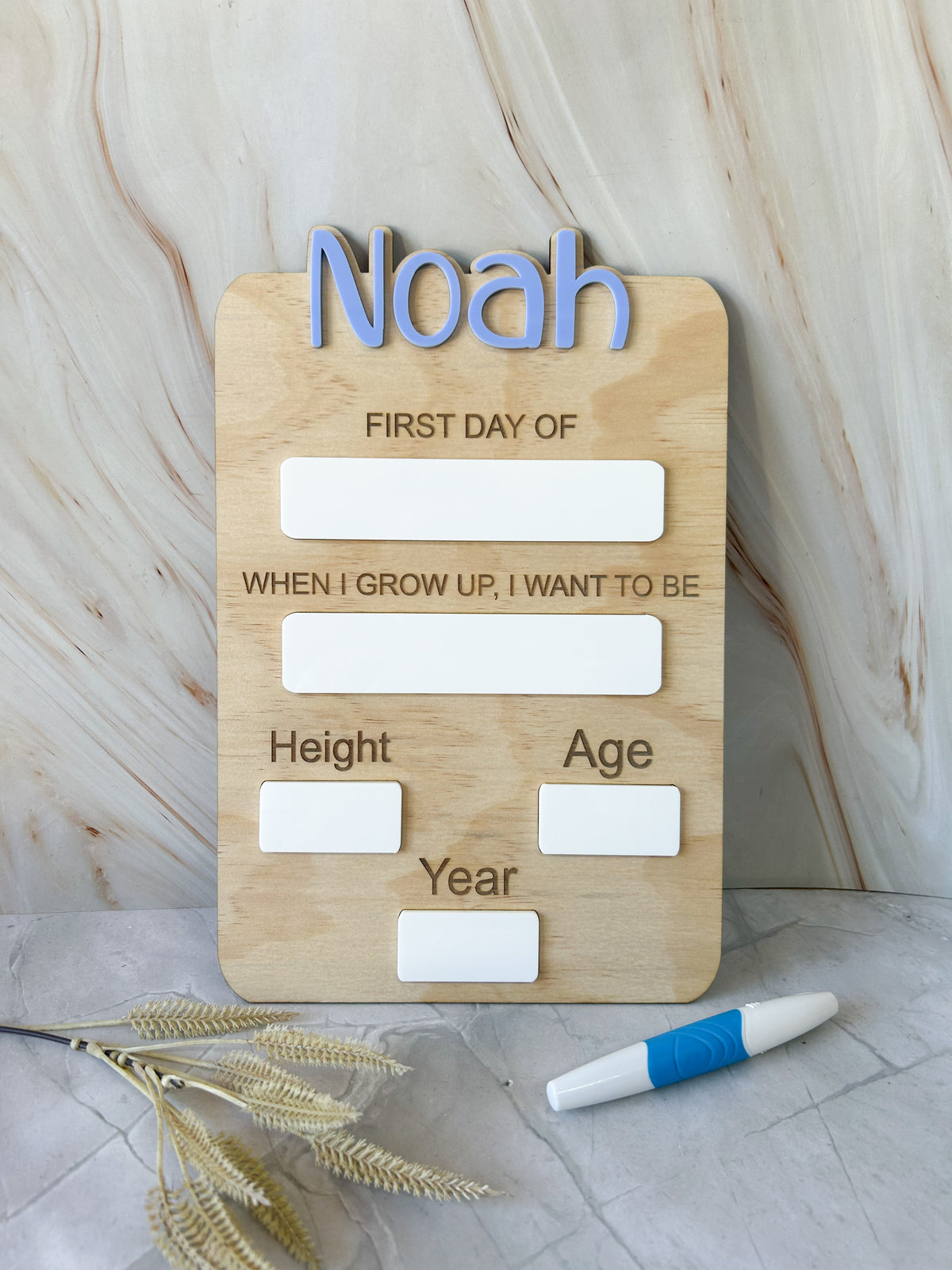 Personalised back to school plaque in plywood and acrylic with a wipe-clean whiteboard panel