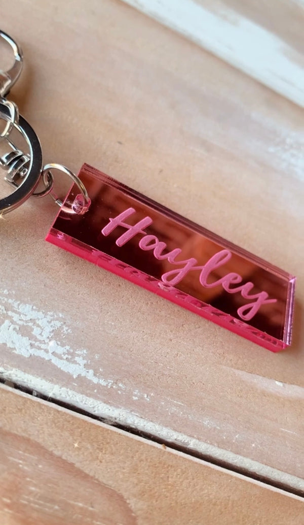 Personalised rectangular mirror keyring, engraved and double layered with a lobster clasp