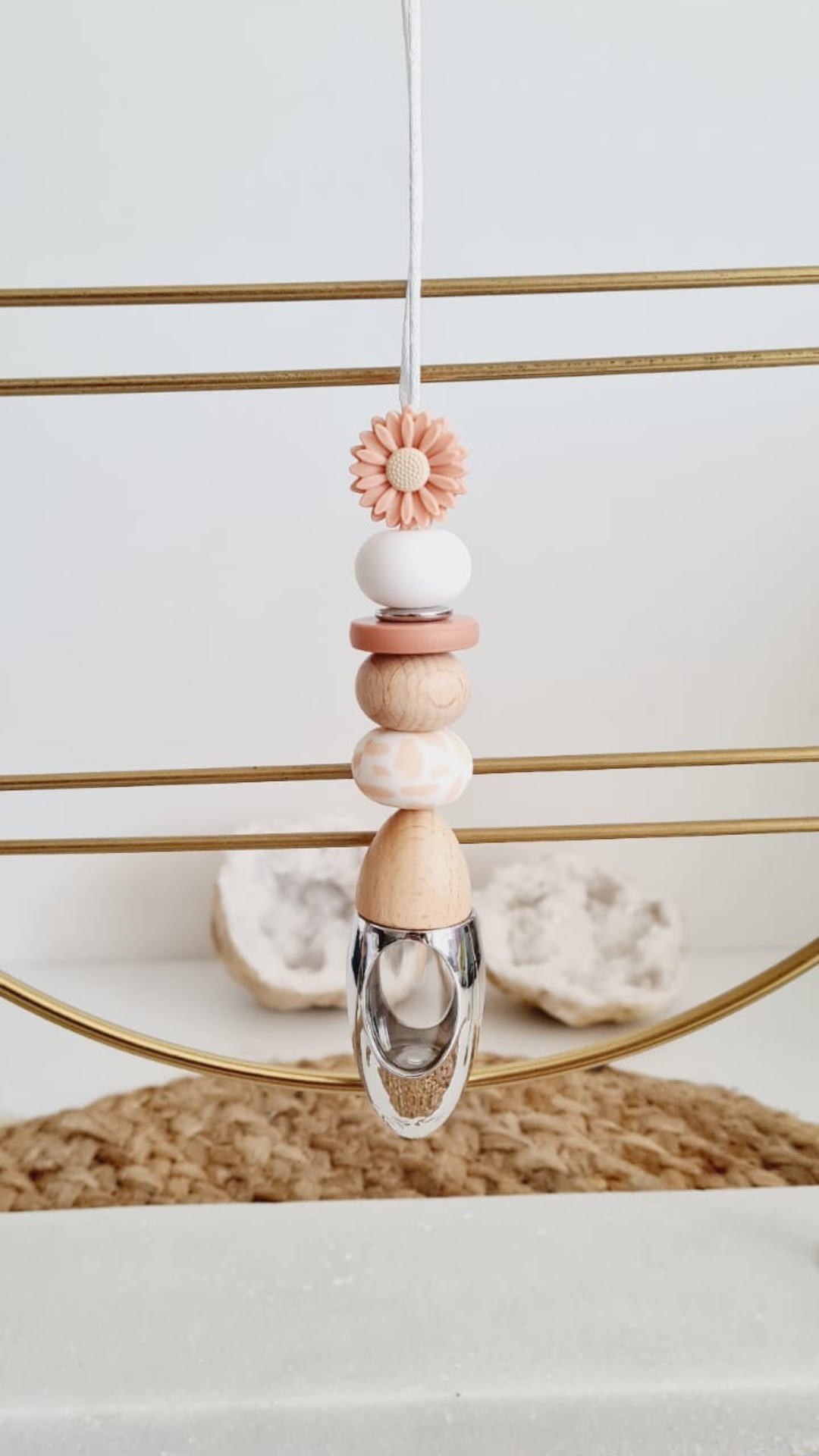 Peachy silicone beaded car diffuser with a wooden lid, hanging air freshener