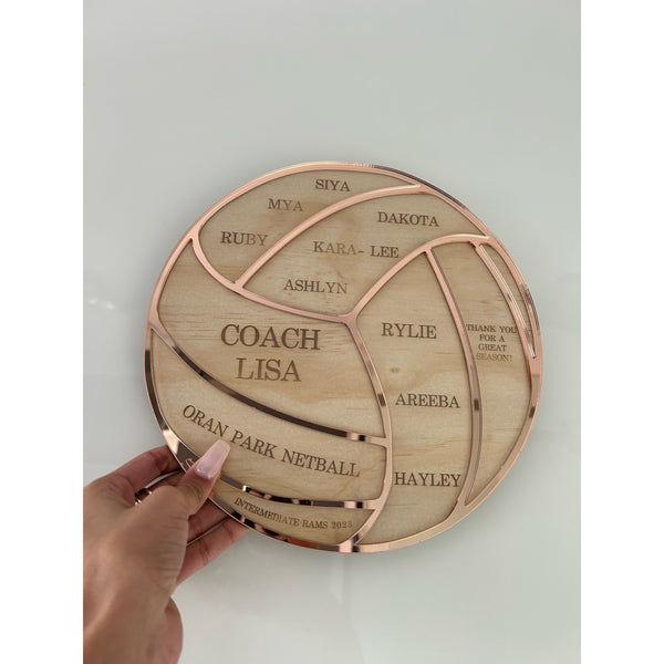 Personalised coach thank you plaque engraved with team name and season, in clear acrylic, handmade in Sydney