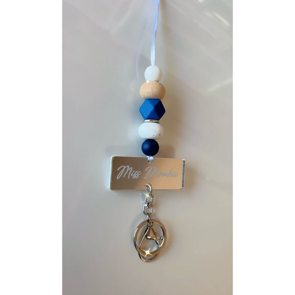 Dylan silicone beaded lanyard with a personalised engraved mirrored acrylic piece