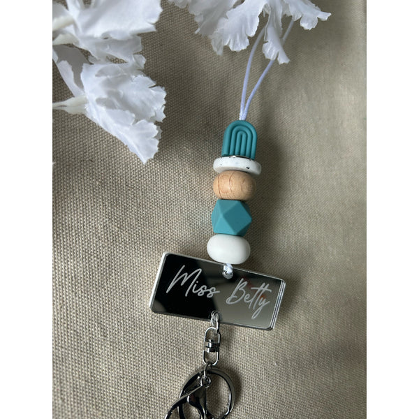 Joanna silicone beaded lanyard with a personalised engraved mirrored acrylic piece