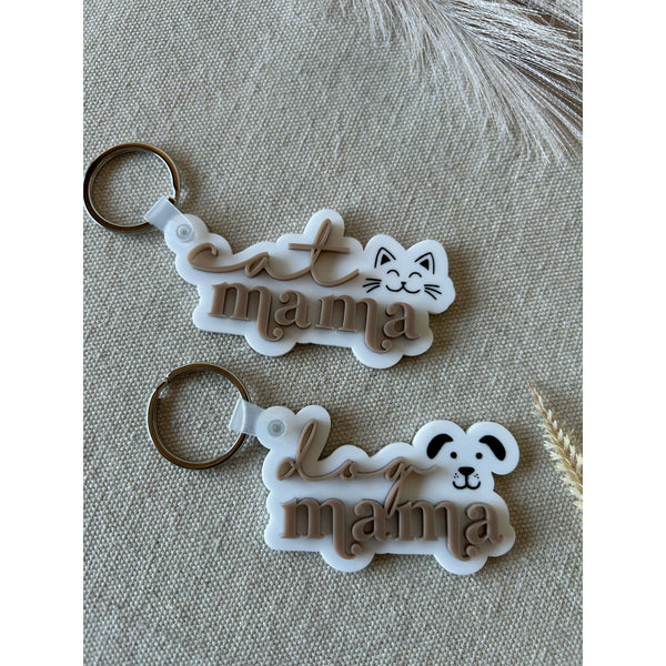 Personalised dog mumma and cat mumma keyrings in acrylic with a white base and coloured lettering