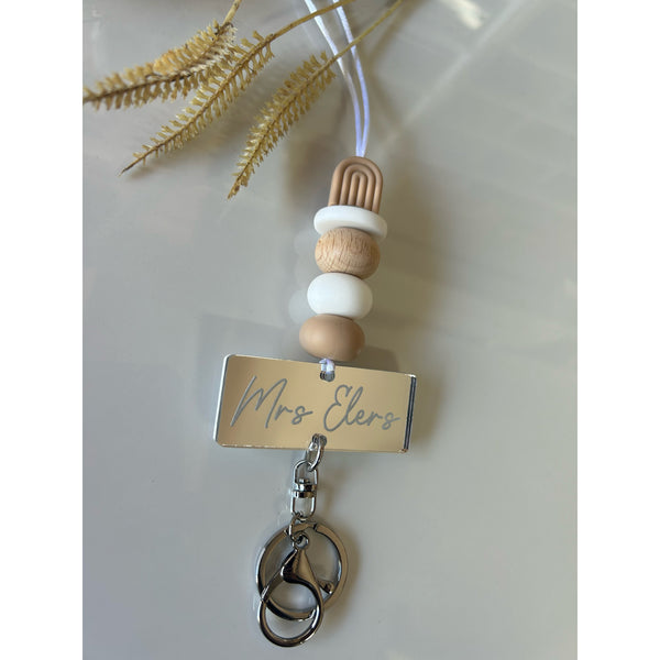 Boho beaded lanyard in silicone and beech beads with a personalised engraved acrylic piece