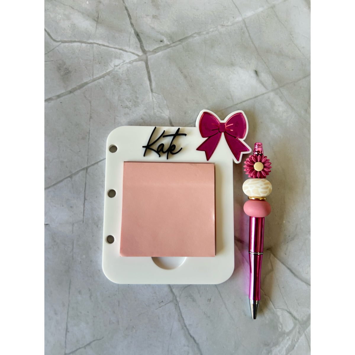Pretty bow sticky note holder in layered acrylic, personalised for a desk