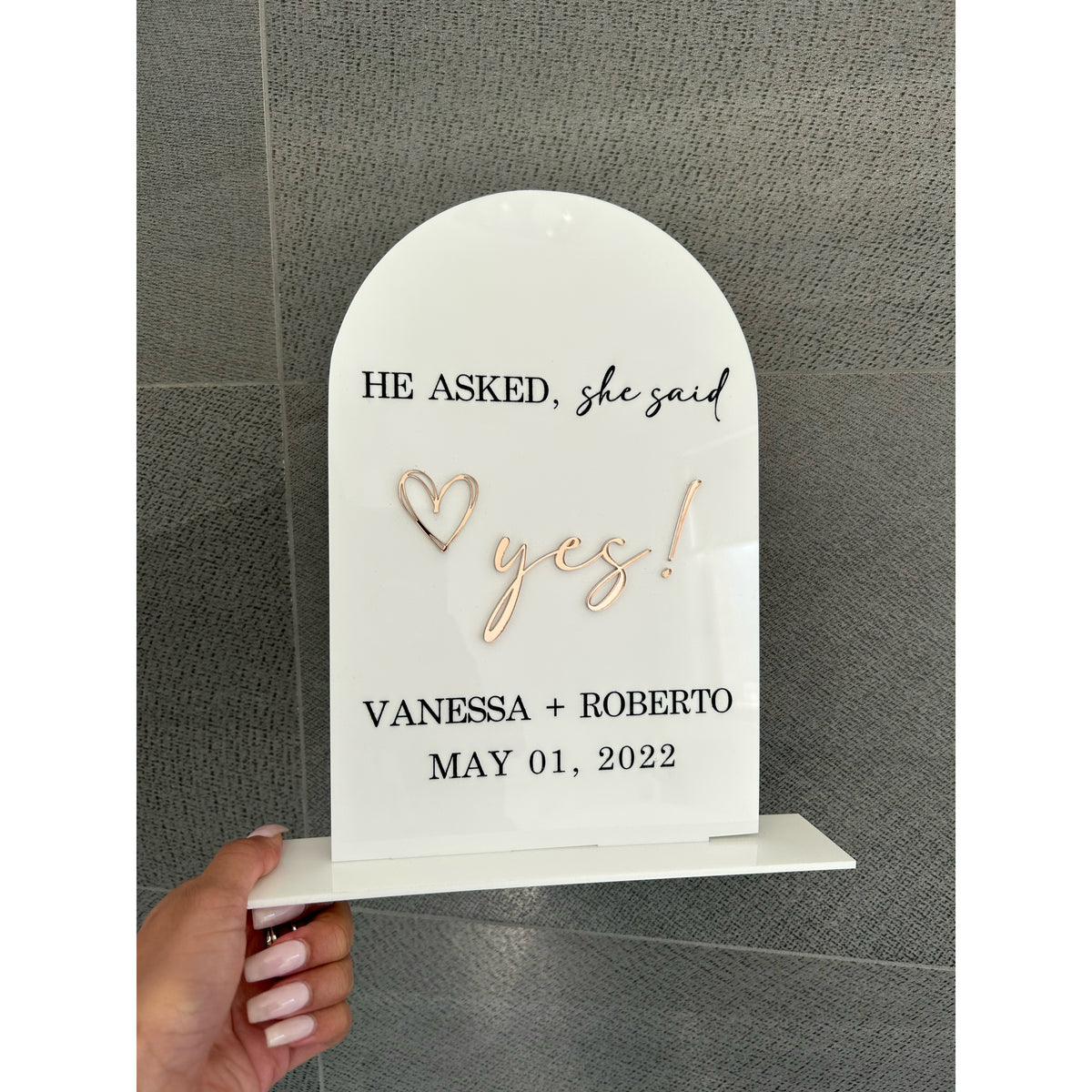 Personalised engagement plaque in engraved acrylic, handmade in Sydney