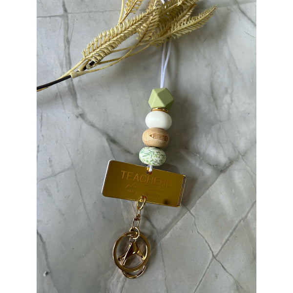 Jamie silicone beaded lanyard with a personalised engraved mirrored acrylic piece
