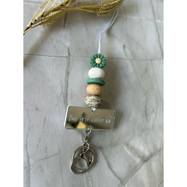 Personalised teacher lanyard in silicone beads with an engraved acrylic name piece
