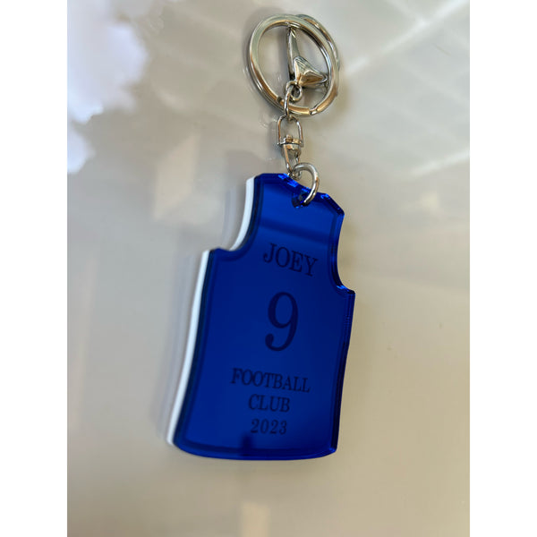 Personalised sports singlet keyring in double layered mirrored acrylic with name and club