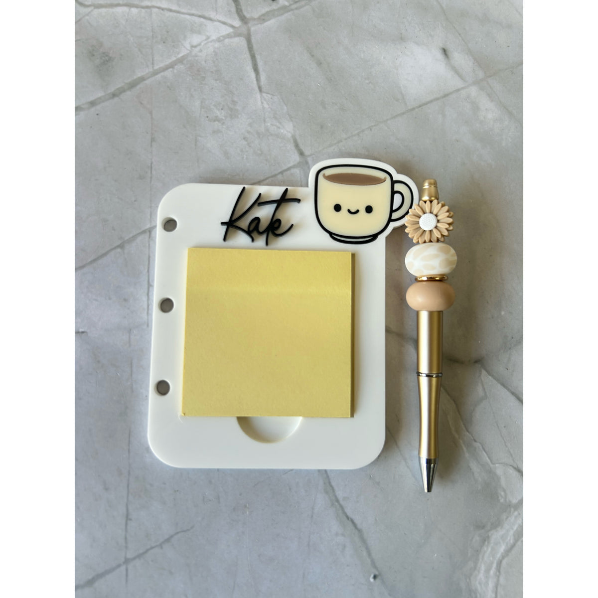 Coffee themed sticky note holder in layered acrylic, personalised for a desk