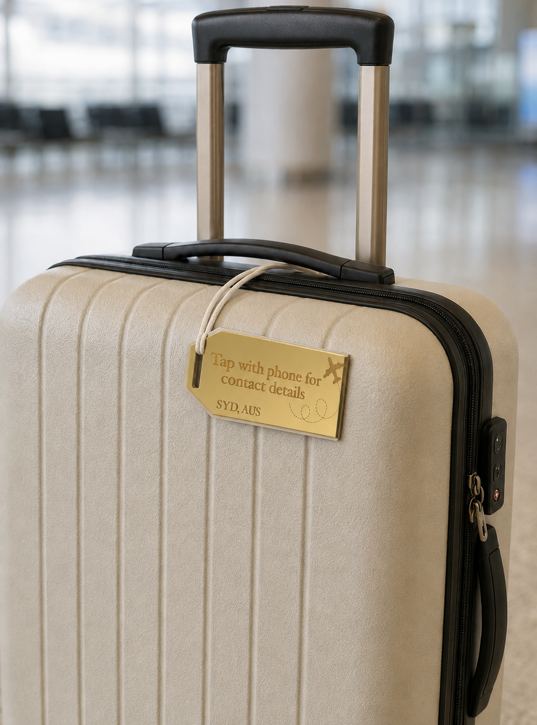 Personalised NFC luggage tag that taps to share contact details