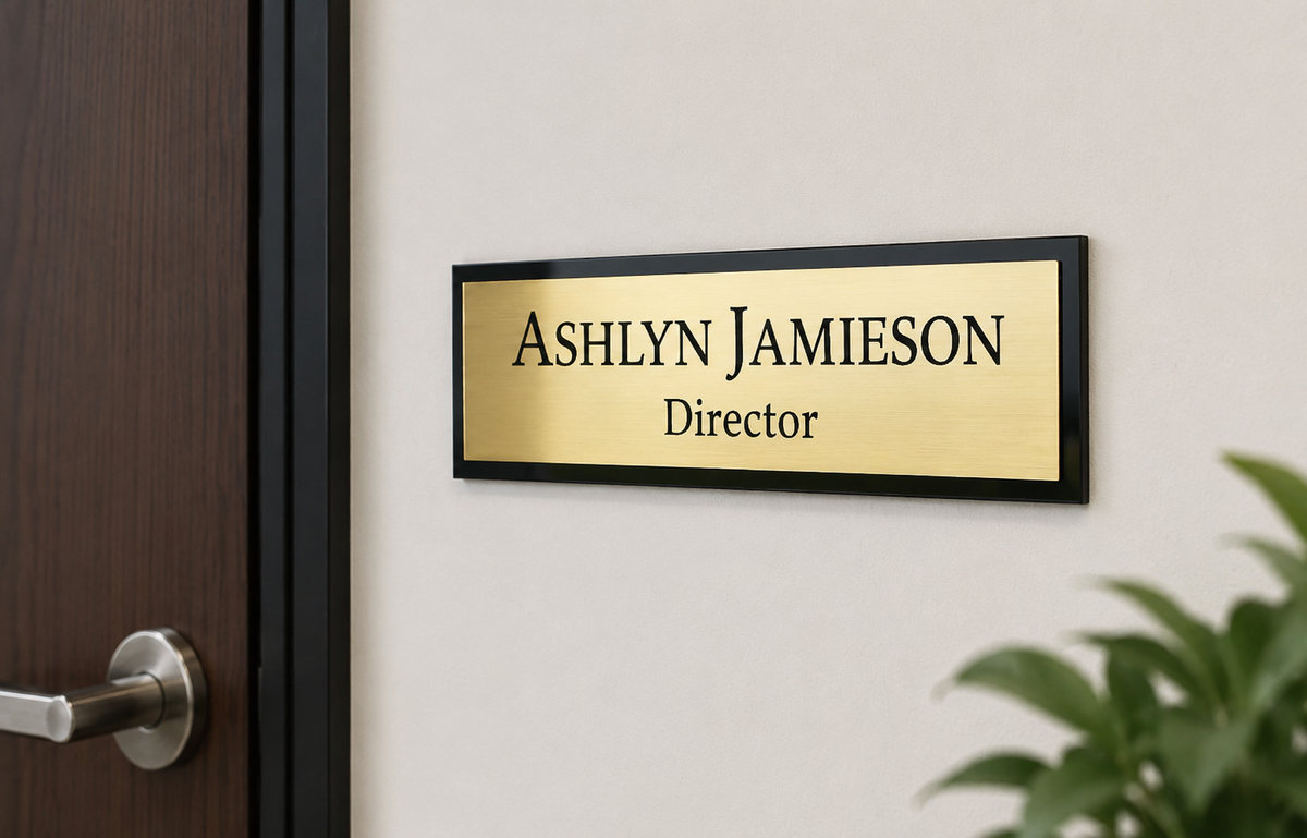 Personalised office name sign in gold and black engraved acrylic