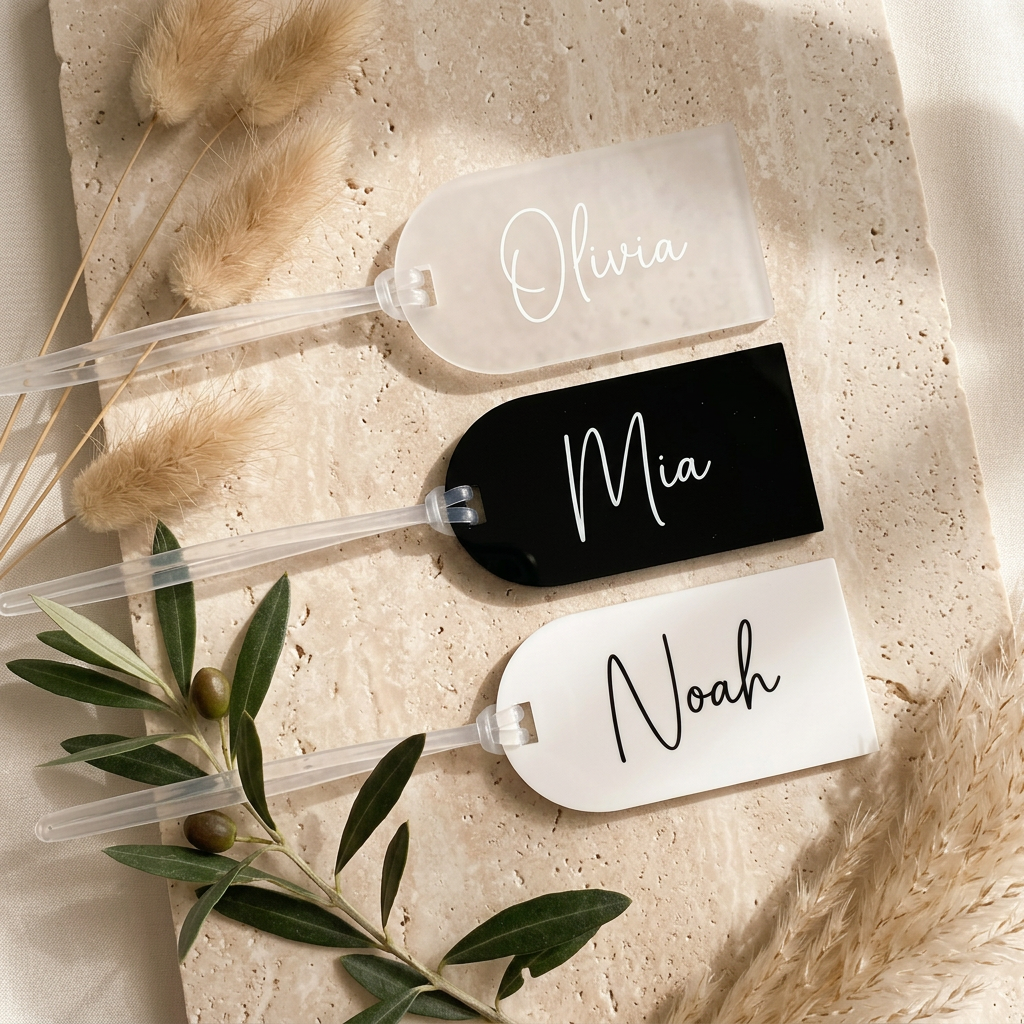 Personalised acrylic luggage tag wedding place cards engraved with guest names