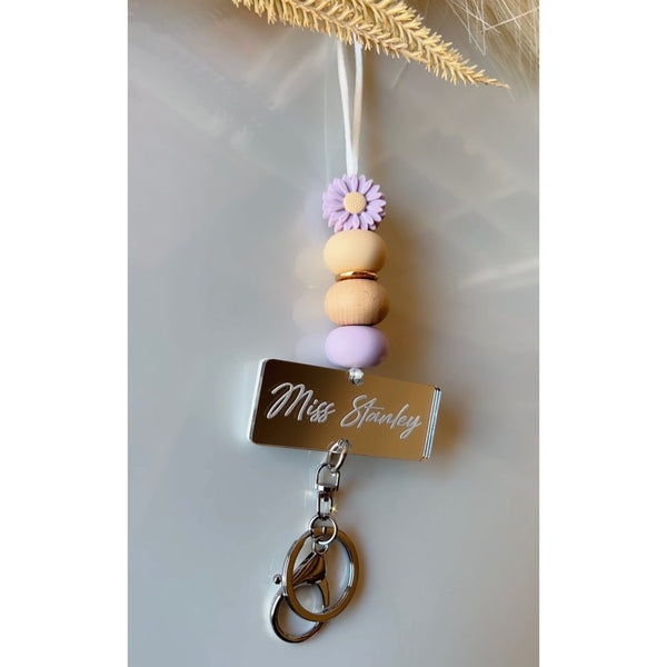 Personalised silicone beaded lanyard with engraved mirrored acrylic charm and matching lobster clasp