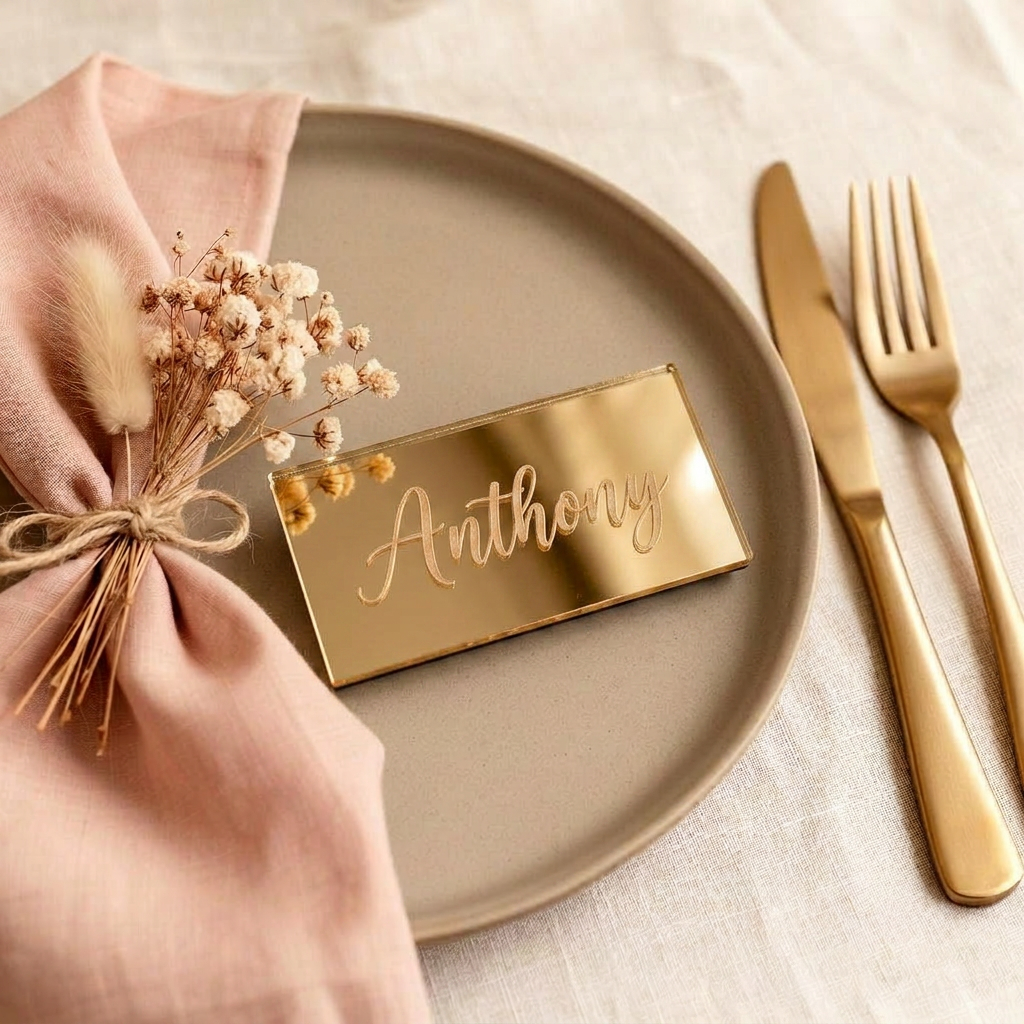 Personalised mirrored acrylic place cards engraved with guest names