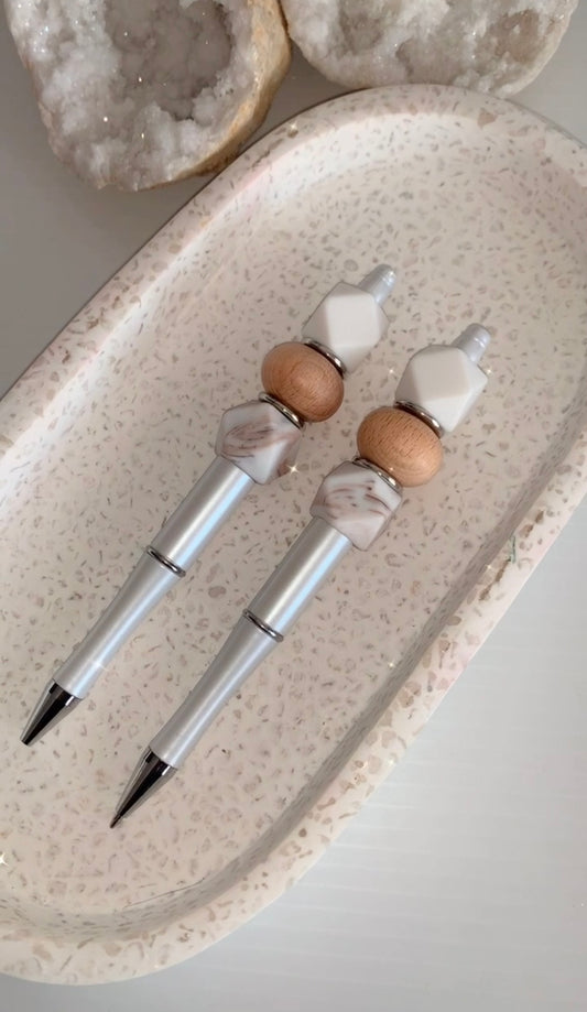 White Wooden Marble Beaded Pen