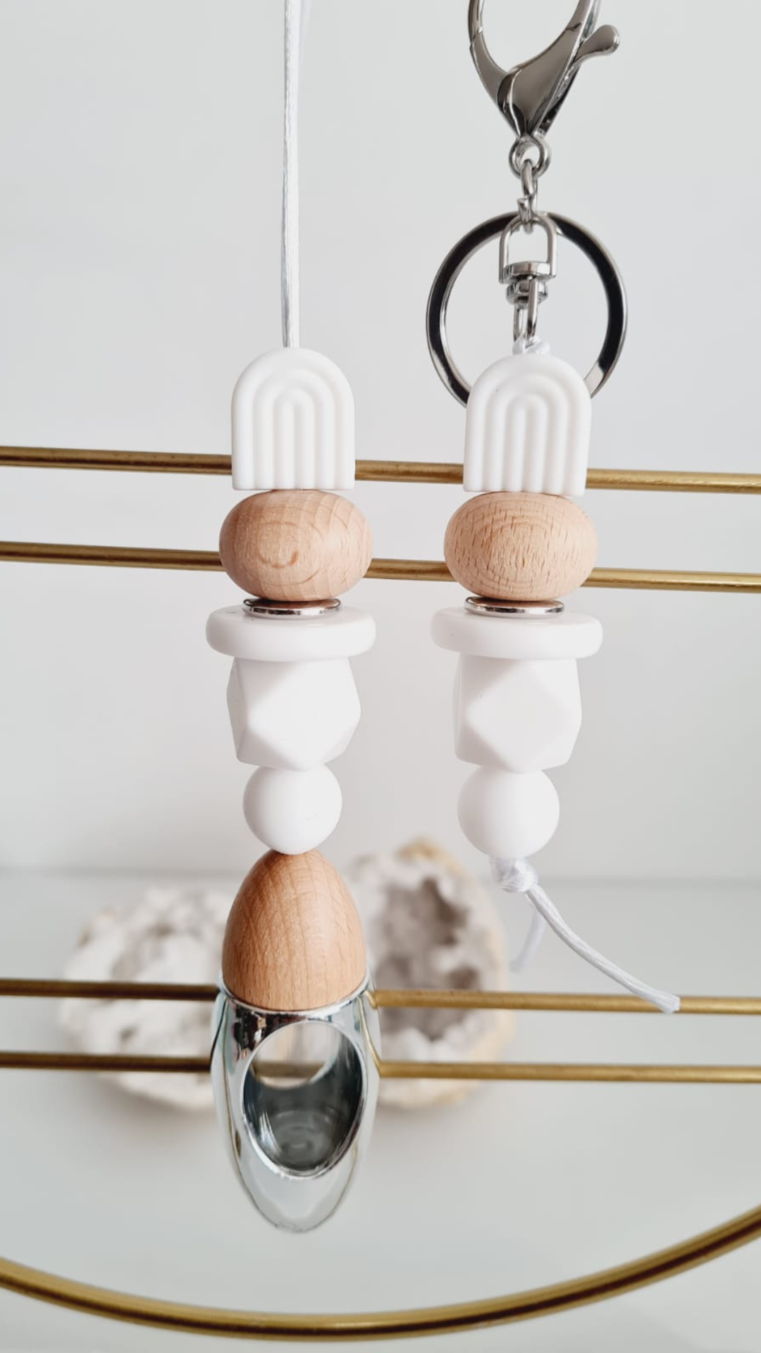 Linen matching beaded car diffuser and keychain set, hand-strung in Sydney