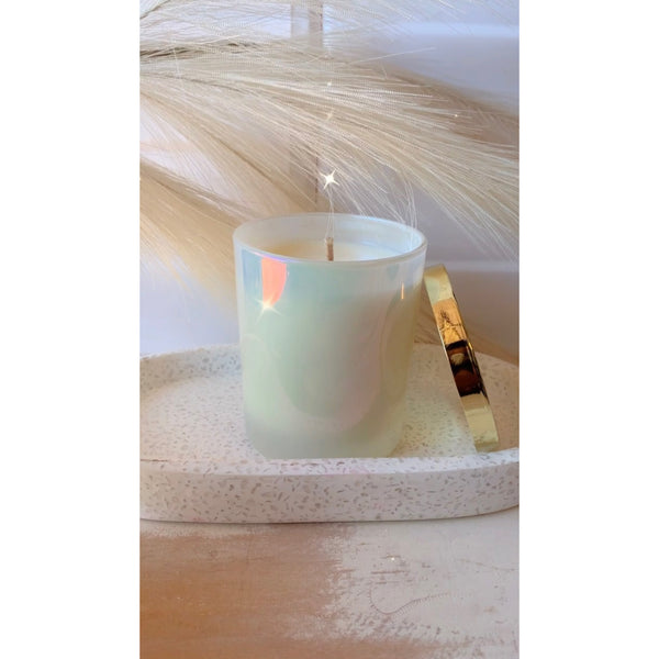 Gold top aesthetic candle with a holographic jar, personalised with a name