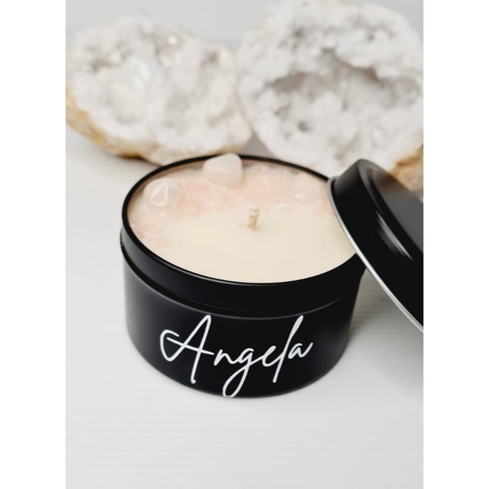 Luxe matte rose quartz soy candle tin with lid, personalised with a name