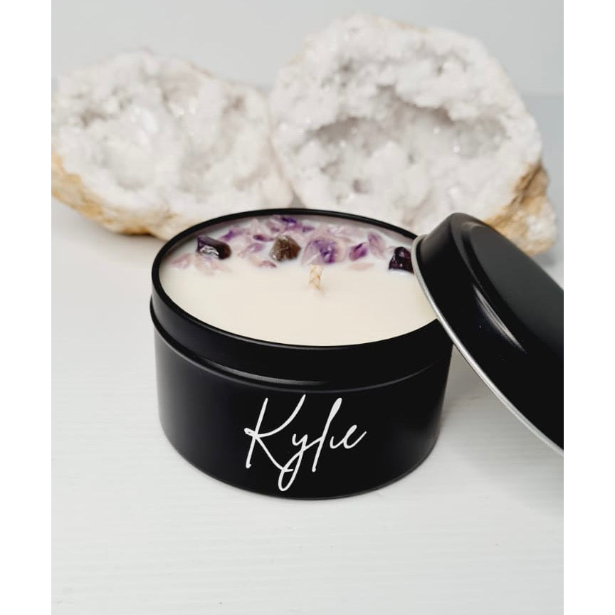 Luxe matte amethyst soy candle tin with lid, personalised with a name