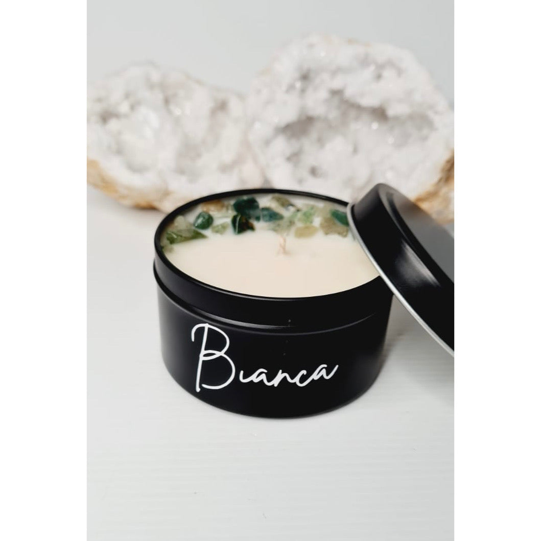 Luxe matte green aventurine soy candle tin with lid, personalised with a name
