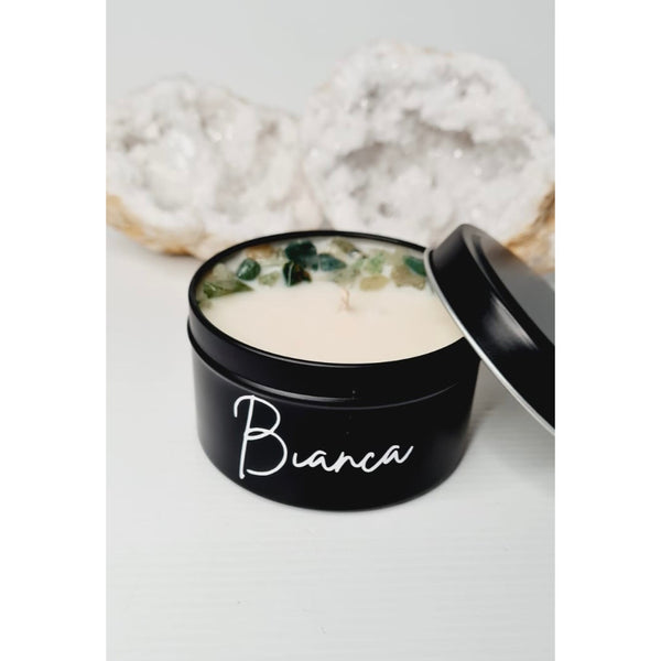 Luxe matte green aventurine soy candle tin with lid, personalised with a name
