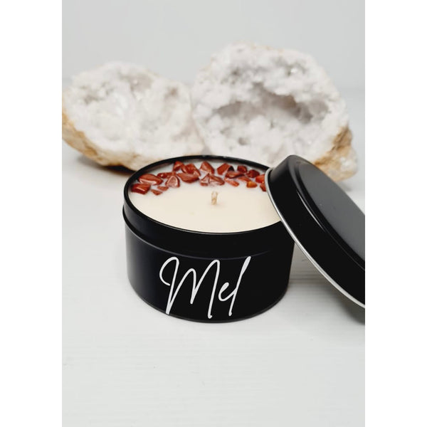 Luxe matte red jasper soy candle tin with lid, personalised with a name