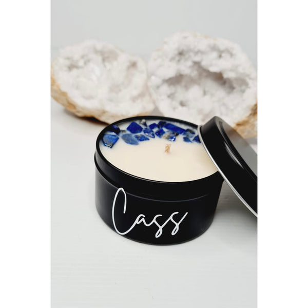 Luxe matte lapis lazuli soy candle tin with lid, personalised with a name