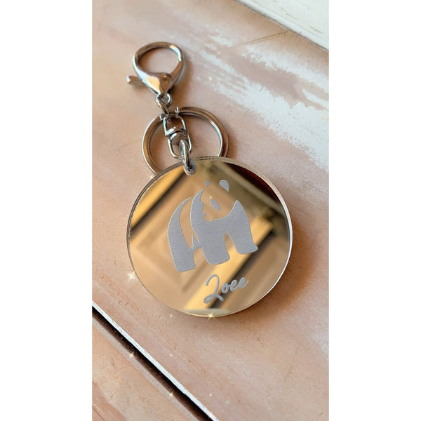 Personalised round mirror keyring, 5cm, engraved in double layered acrylic