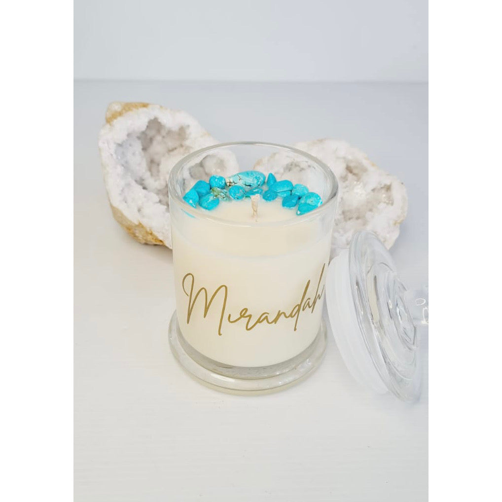 Personalised crystal candle jar with soy wax, crystal chips and an engraved name
