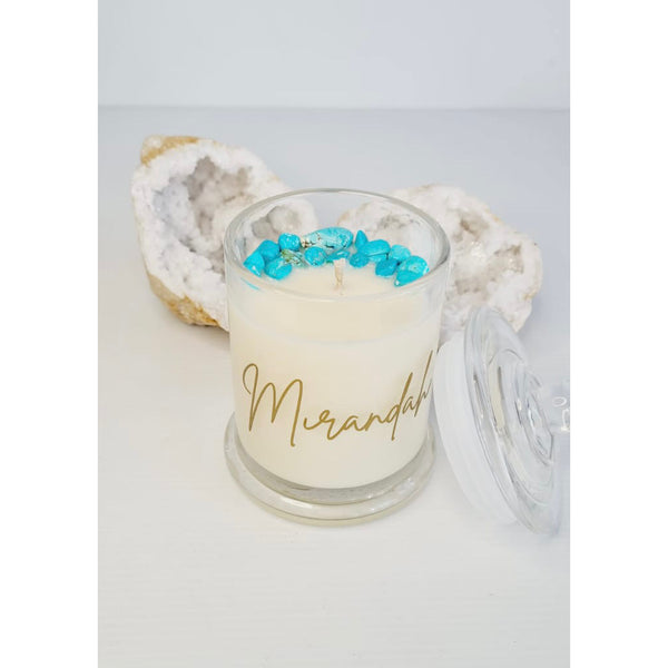 Personalised crystal candle jar with soy wax, crystal chips and an engraved name