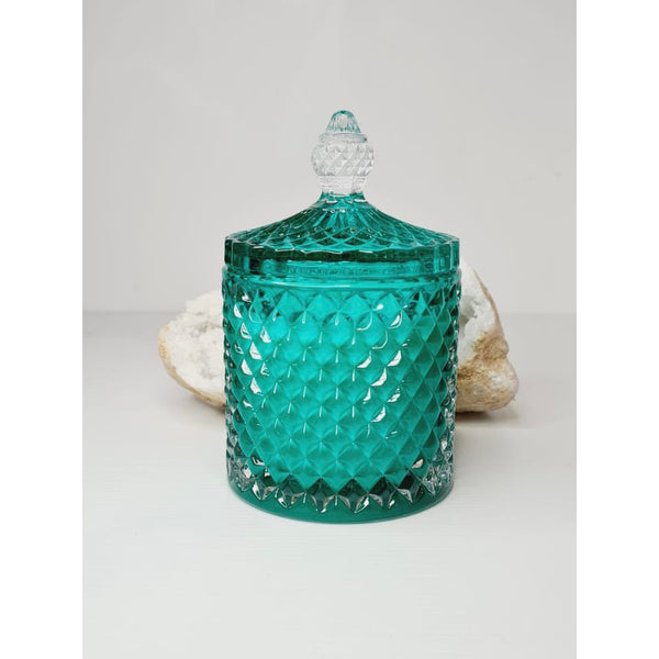 Aqua luxe glass soy candle with lid, 220g, hand poured in Sydney